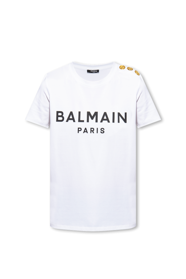 花！！ BALMAIN ホワイト Tシャツ 肩ボタン付き White T-shirt with logo Balmain - Vitkac France